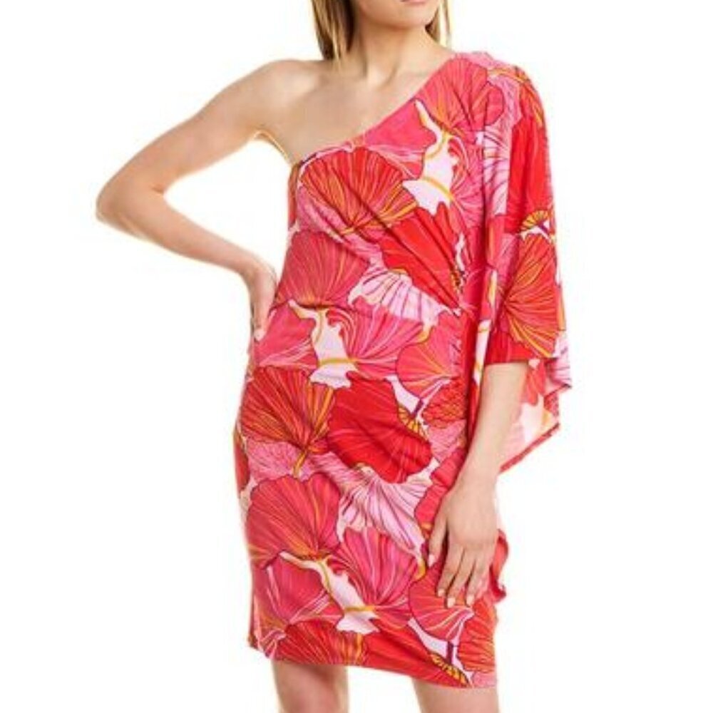 Trina Turk One-Shoulder Floral Mini Dress Women’s 12 Pink Ruched Draped Bodycon